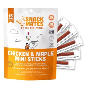 New Primal Snack Mates Chicken & Maple Sticks, Gluten Free Healthy Snacks for Kids, Low Sugar High Protein Back to School Snacks, Mini Paleo Jerky Meat Stick, 7g Protein, 50 Calories, 0.5 Ounce (Pack of 15)