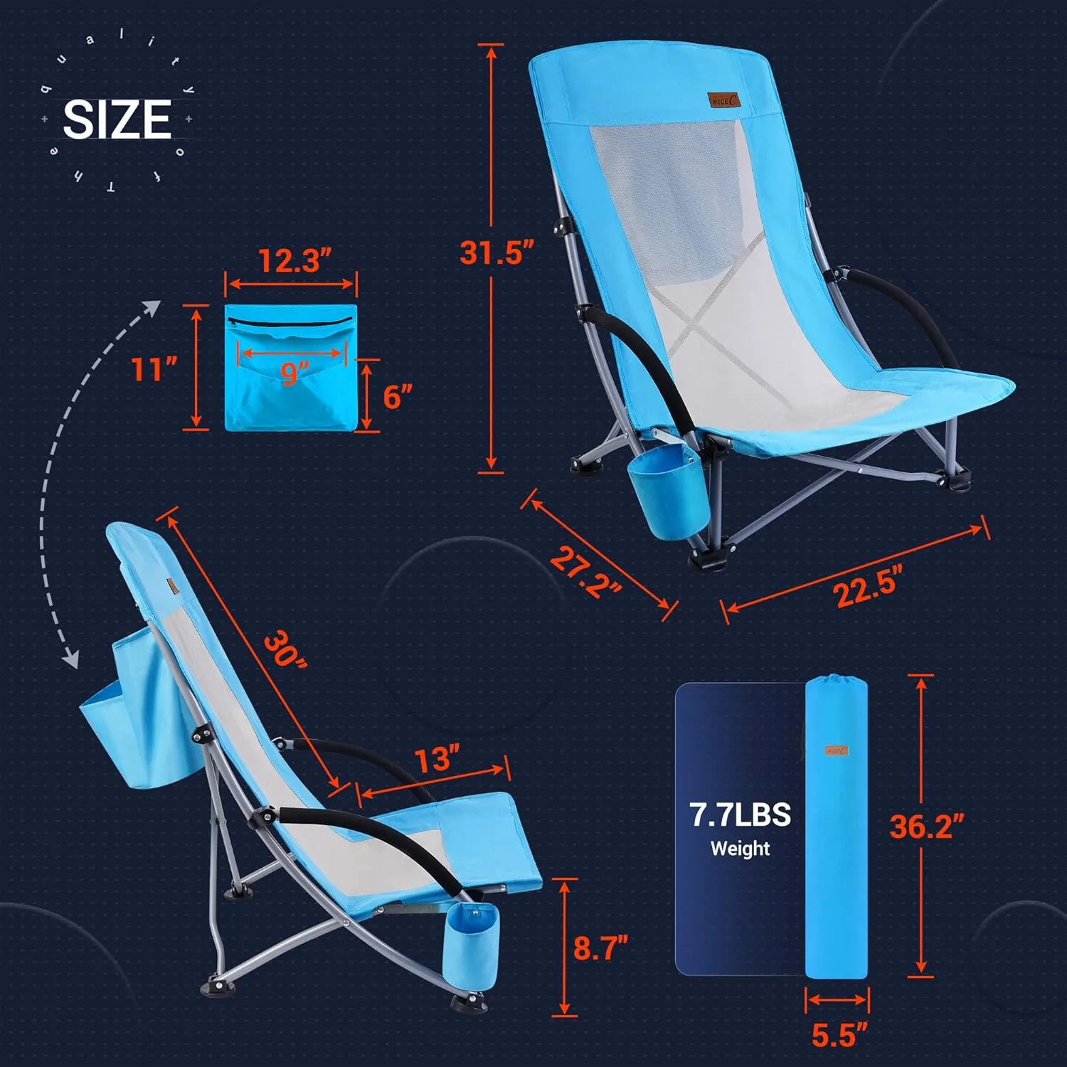 Nice C Beach Chair, Beach Chairs for Adults 2 Pack w/Cooler Compact High Back, Cup Holder & Carry Bag & Heavy Duty Outdoor, Camping, BBQ, Travel, Picnic, Festival (Set of 2 Blue)