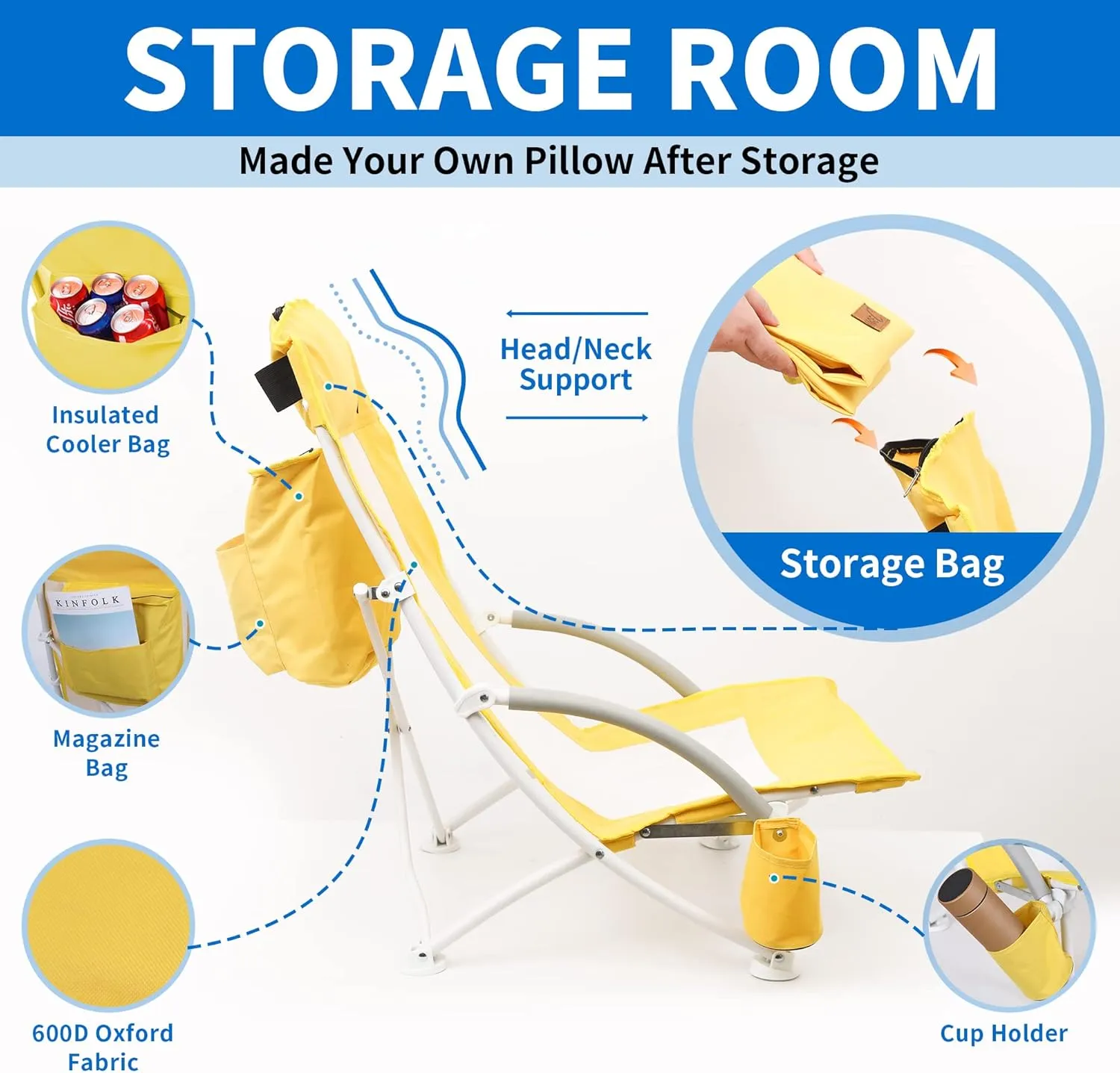 Nice C Beach Chair, Beach Chairs for Adults with Umbrella and Cooler, High Back, Cup Holder & Carry Bag & Heavy Duty Compact Outdoor, Camping (One Yellow)