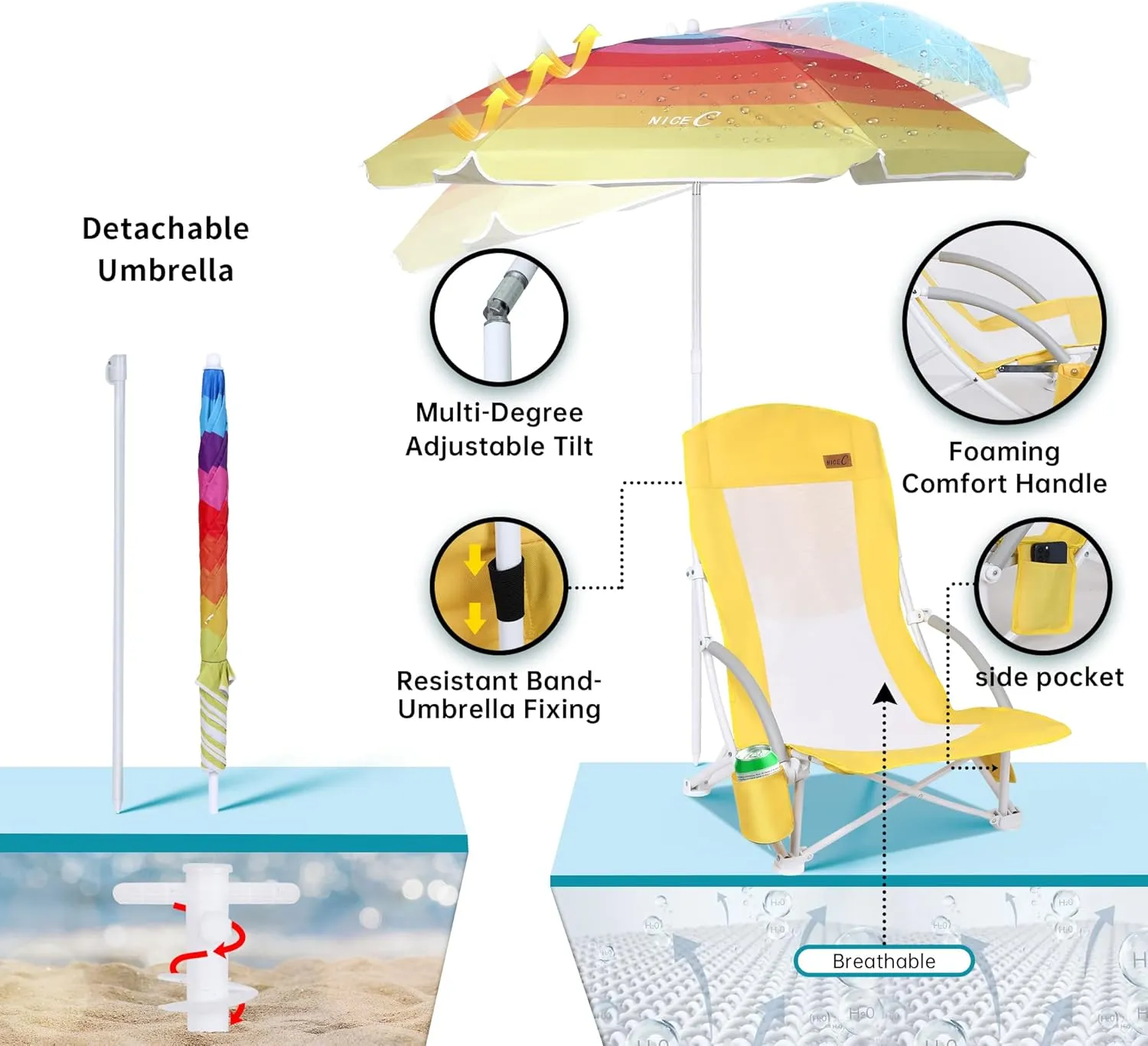 Nice C Beach Chair, Beach Chairs for Adults with Umbrella and Cooler, High Back, Cup Holder & Carry Bag & Heavy Duty Compact Outdoor, Camping (One Yellow)