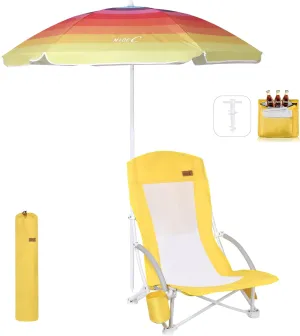 Nice C Beach Chair, Beach Chairs for Adults with Umbrella and Cooler, High Back, Cup Holder & Carry Bag & Heavy Duty Compact Outdoor, Camping (One Yellow)
