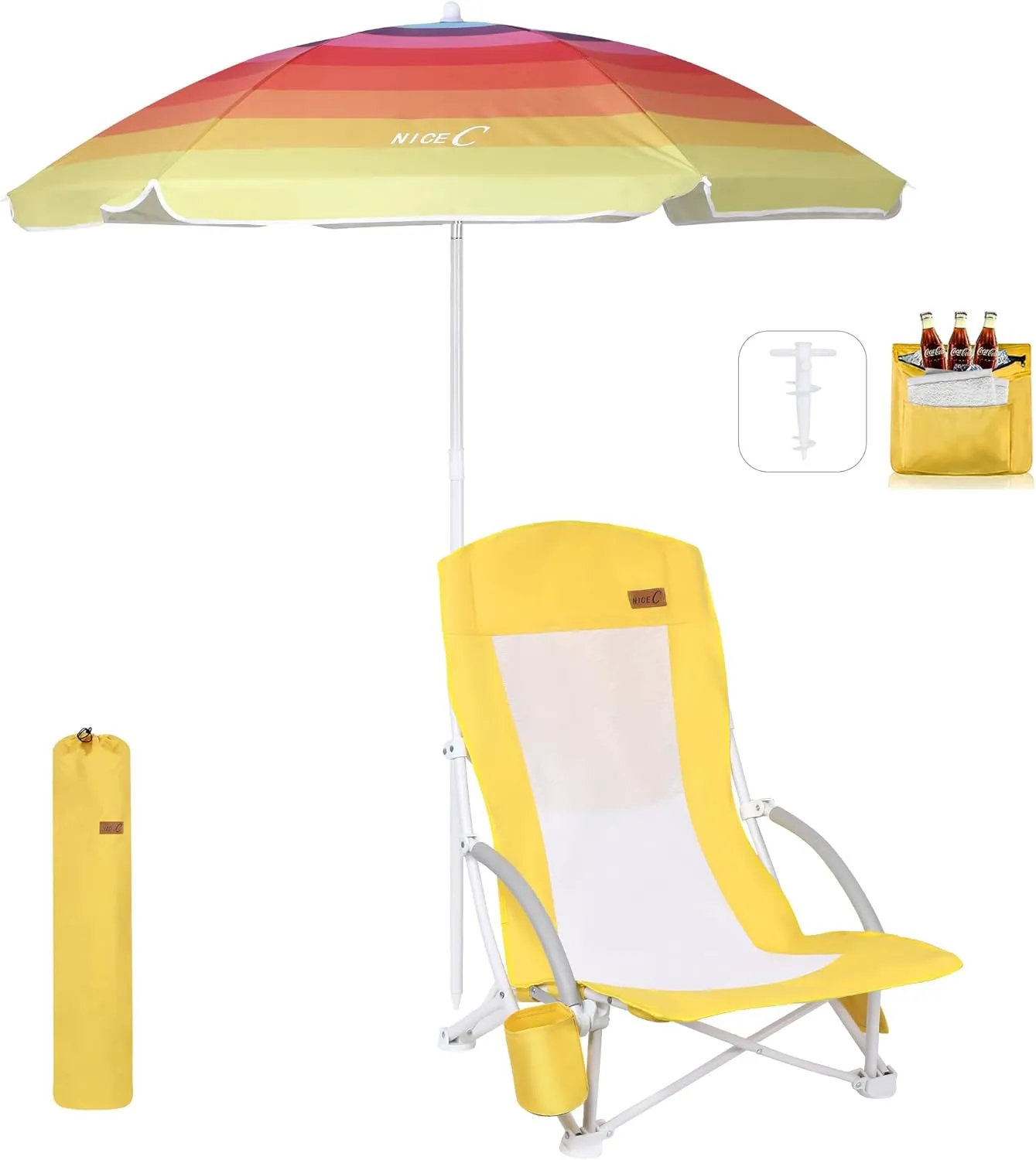 Nice C Beach Chair, Beach Chairs for Adults with Umbrella and Cooler, High Back, Cup Holder & Carry Bag & Heavy Duty Compact Outdoor, Camping (One Yellow)