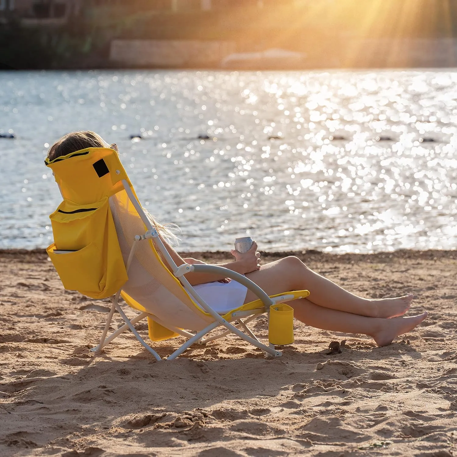 Nice C Beach Chair, Beach Chairs for Adults with Umbrella and Cooler, High Back, Cup Holder & Carry Bag & Heavy Duty Compact Outdoor, Camping (One Yellow)