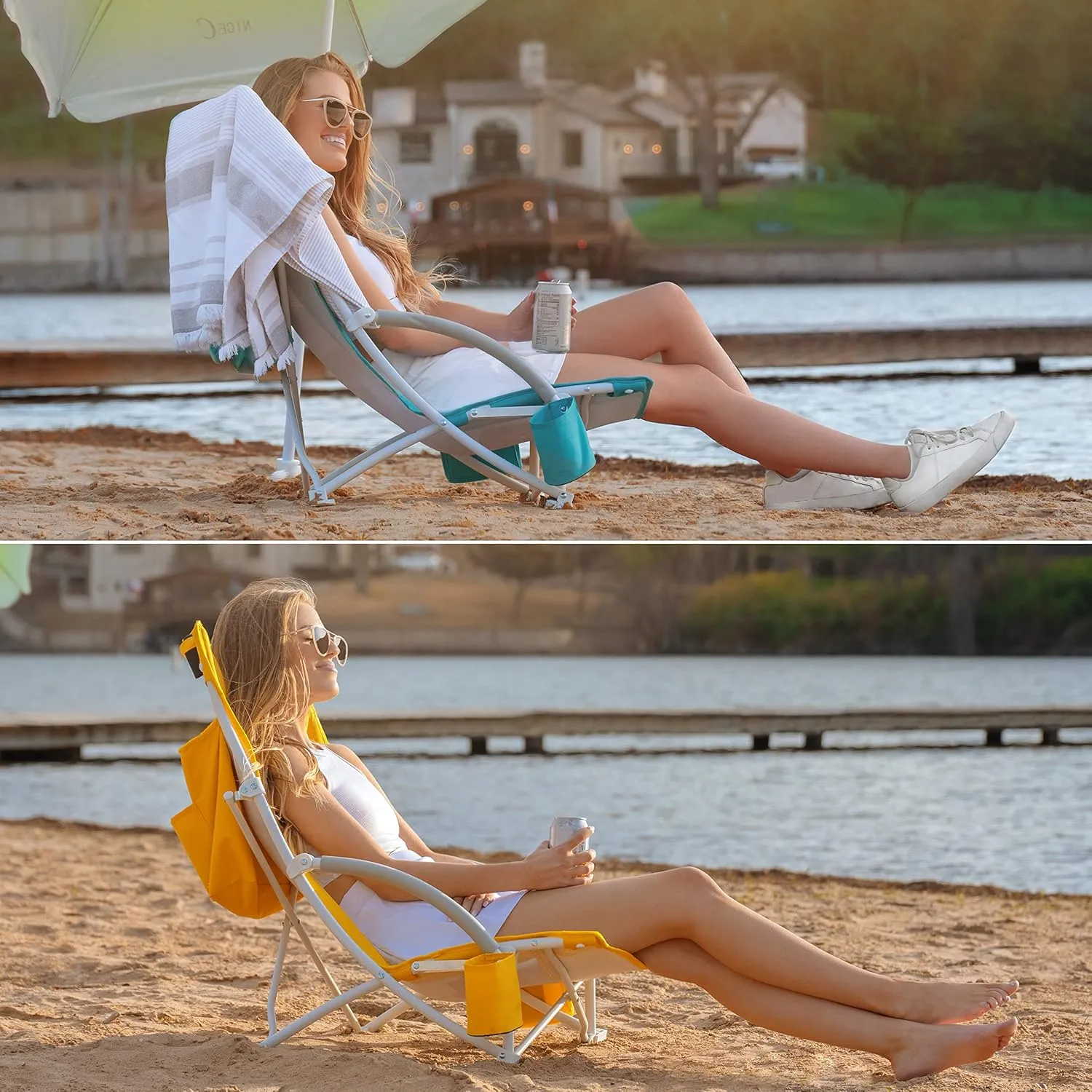Nice C Beach Chair, Beach Chairs for Adults with Umbrella and Cooler, High Back, Cup Holder & Carry Bag & Heavy Duty Compact Outdoor, Camping (One Yellow)
