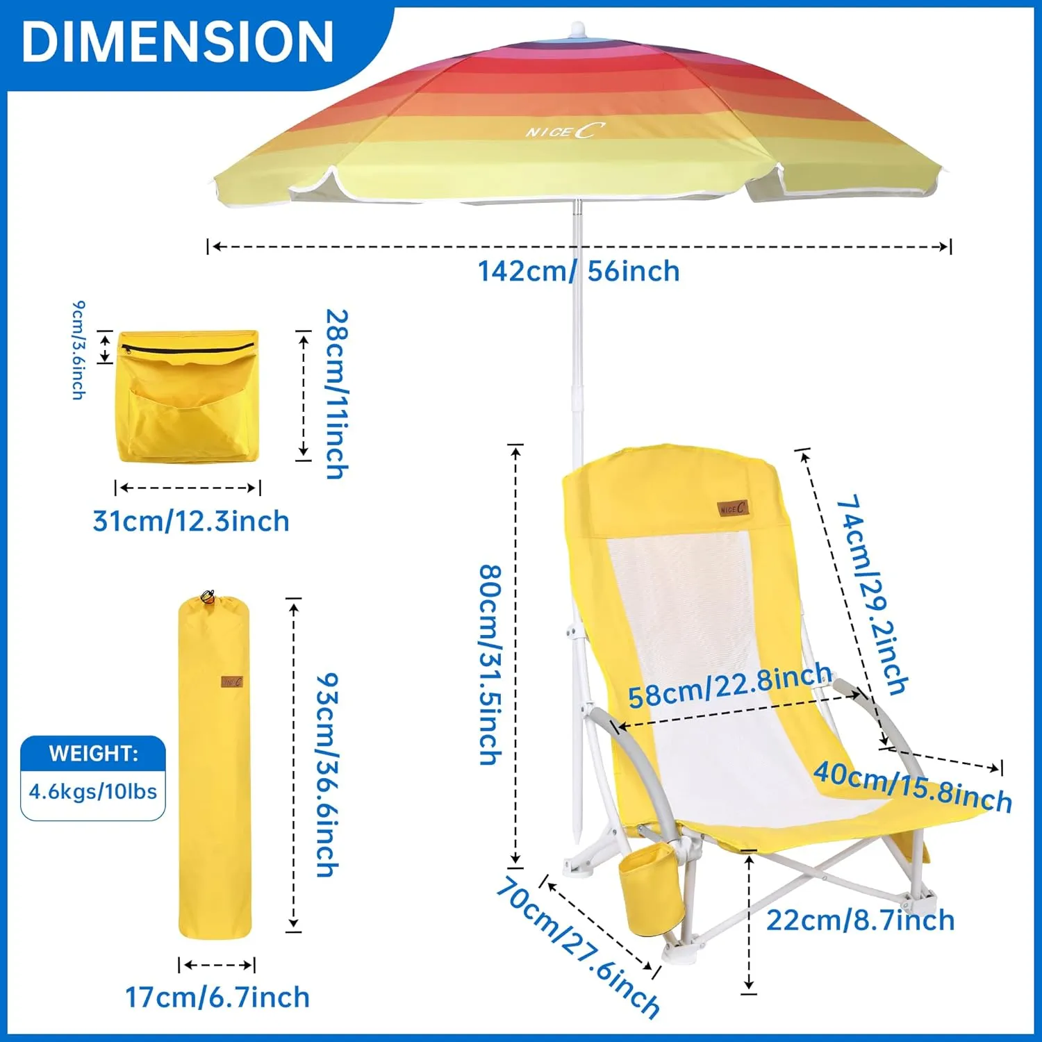 Nice C Beach Chair, Beach Chairs for Adults with Umbrella and Cooler, High Back, Cup Holder & Carry Bag & Heavy Duty Compact Outdoor, Camping (One Yellow)