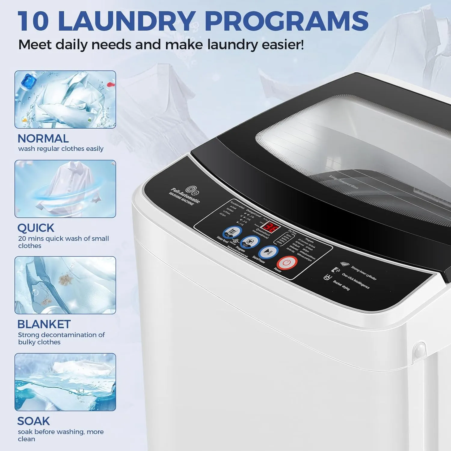 Nictemaw Portable Washing Machine, 17.8Lbs Portable Washer Machine, 2.4Cu.ft Compact Laundry Washer and Dryer Combo with Drain Pump, 10 Wash Programs 8 Water Levels for Apartment RV Dorm-Glass Cover