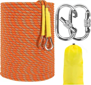 NTR Orange/Black/Blue/Green Climbing Rope 10M(32ft) 20M(64ft) 30M(96ft) 50M(160ft), 8MM Static Rock Climbing Rope with 2 Steel Hooks, Rappelling Rope for Outdoor, Hiking Safety Escape Rope