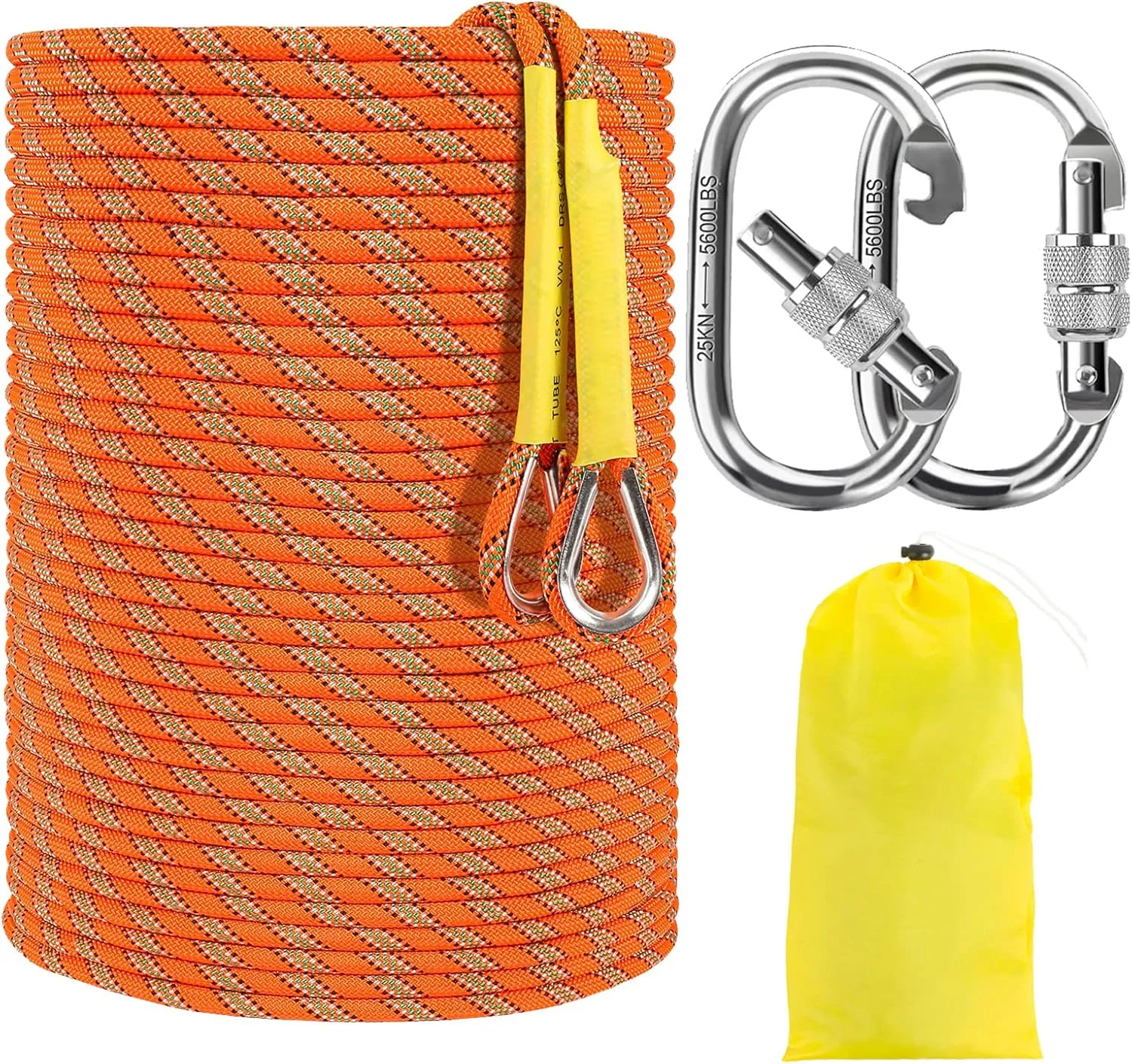 NTR Orange/Black/Blue/Green Climbing Rope 10M(32ft) 20M(64ft) 30M(96ft) 50M(160ft), 8MM Static Rock Climbing Rope with 2 Steel Hooks, Rappelling Rope for Outdoor, Hiking Safety Escape Rope