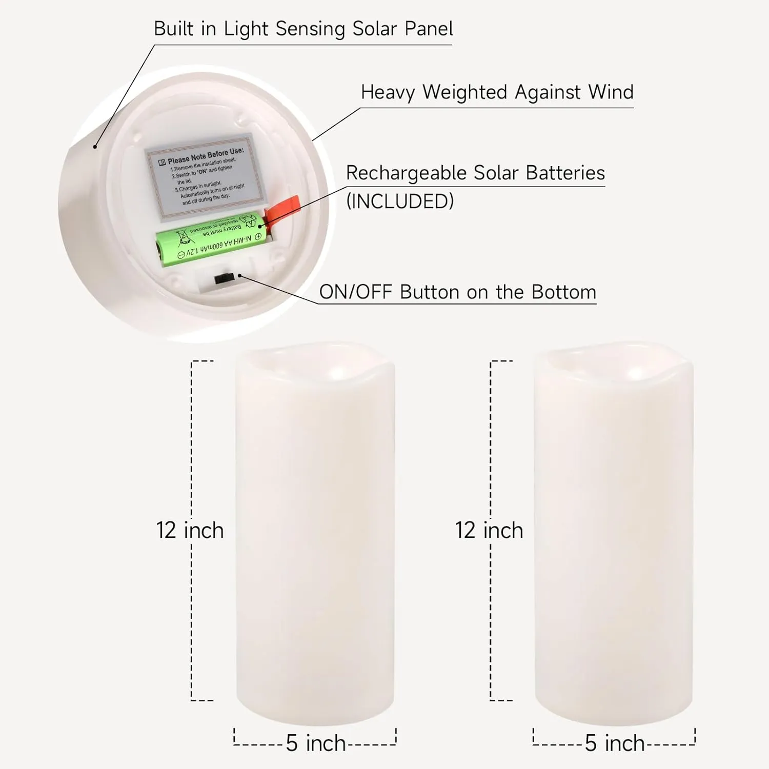 NURADA Large Outdoor Solar Candles Waterproof - 12" x 5" Rechargeable Solar Powered Flameless LED Pillar Flickering Candle for Patio Porch Lanterns Decor - Ivory White Set of 2