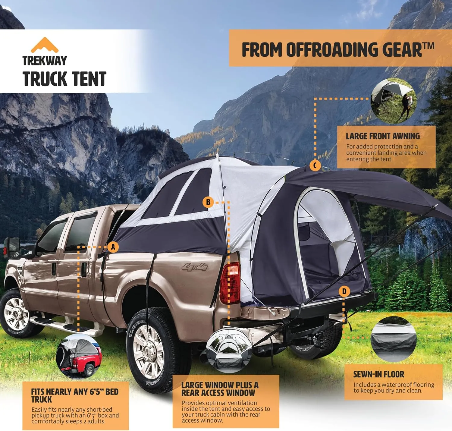 Offroading Gear 6.5ft Truck Bed Camping Tent w/Awning | Waterproof | Portable | Compatible with F150| Ram| Sierra| GMC| Nissan| Etc.