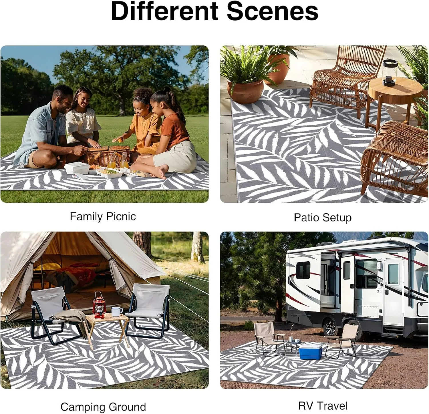 OLANLY Waterproof Outdoor Rug 5x8 ft, Reversible Outdoor Plastic Straw Rug with Leaf Pattern, RV Mat, Indoor Outdoor Carpet for Patio, Camping, Balcony, Deck, Backyard, Grey & White