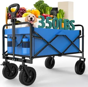 OLIXIS Heavy Duty Wagon Cart with Wheels Foldable,Large Collapsible Wagons Carts with All-Terrain Wheels,Smooth Maneuverability,Suitable for Gardening,Camping and Beach,Blue