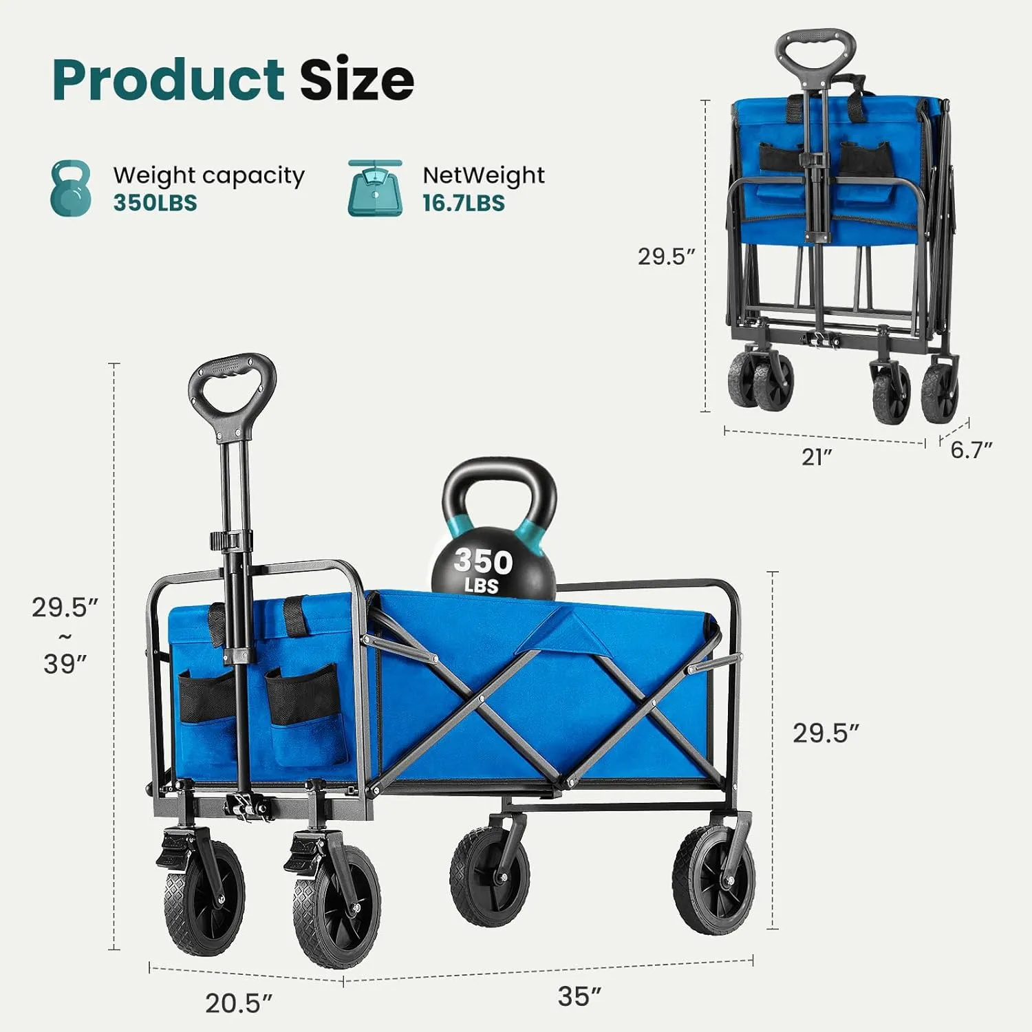 OLIXIS Heavy Duty Wagon Cart with Wheels Foldable,Large Collapsible Wagons Carts with All-Terrain Wheels,Smooth Maneuverability,Suitable for Gardening,Camping and Beach,Blue