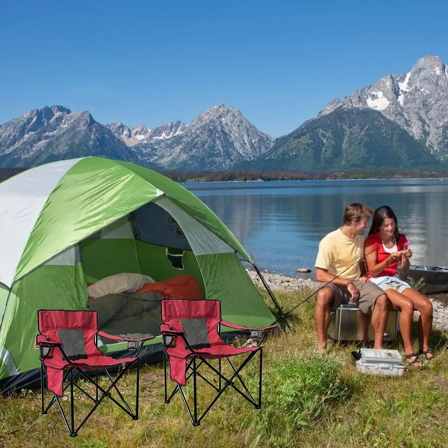 ONENESS Camping Chair, Outdoor Portable Picnic Folding Fishing Chair with 2 Cup Holder for Fishing, Sports, Beach and Camping