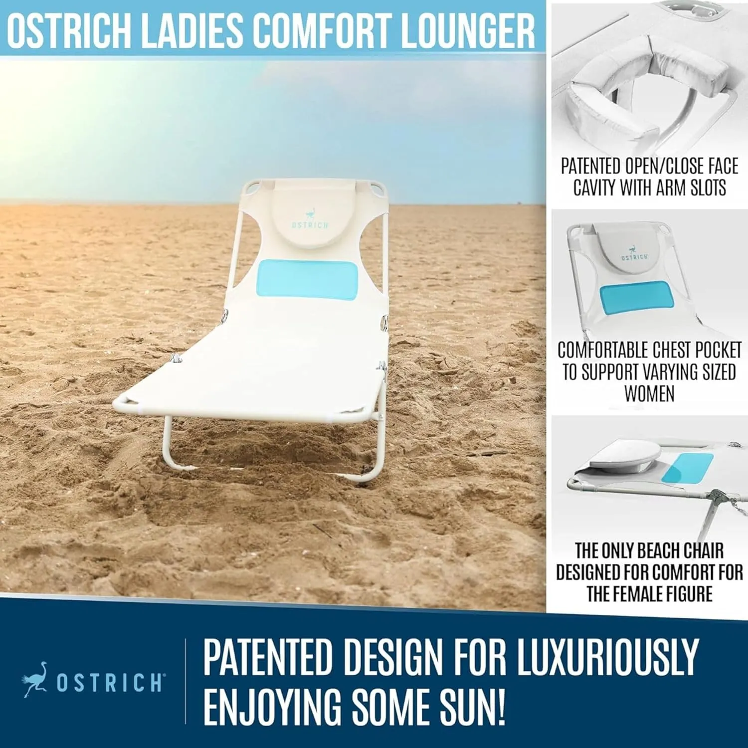 Ostrich Outdoor Lightweight Folding Adjustable Reclining Ladies Mens Comfort Chaise Lounge Beach Chair for Tanning Pool Lake Patio Lawn Camping, White