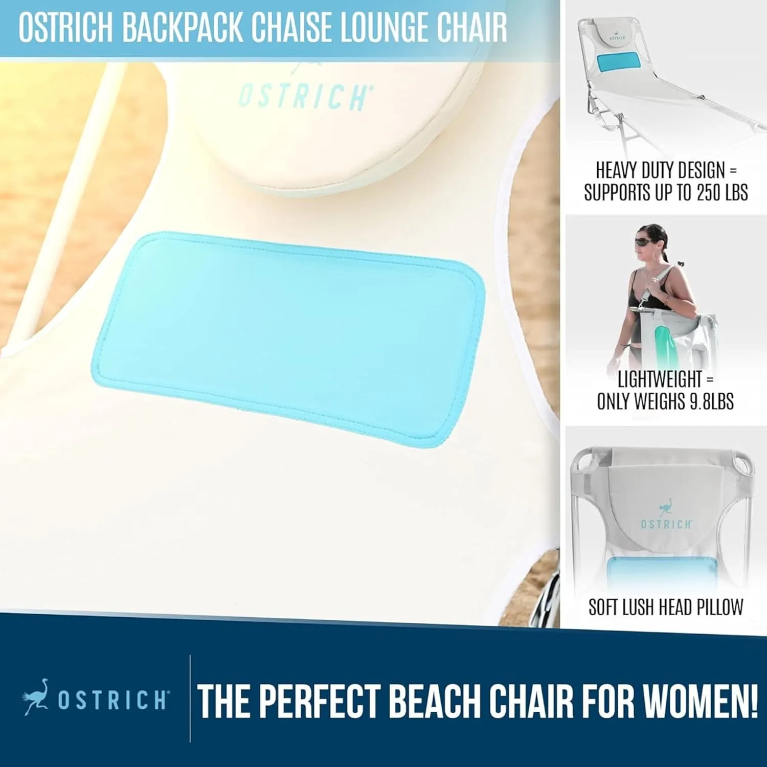 Ostrich Outdoor Lightweight Folding Adjustable Reclining Ladies Mens Comfort Chaise Lounge Beach Chair for Tanning Pool Lake Patio Lawn Camping, White