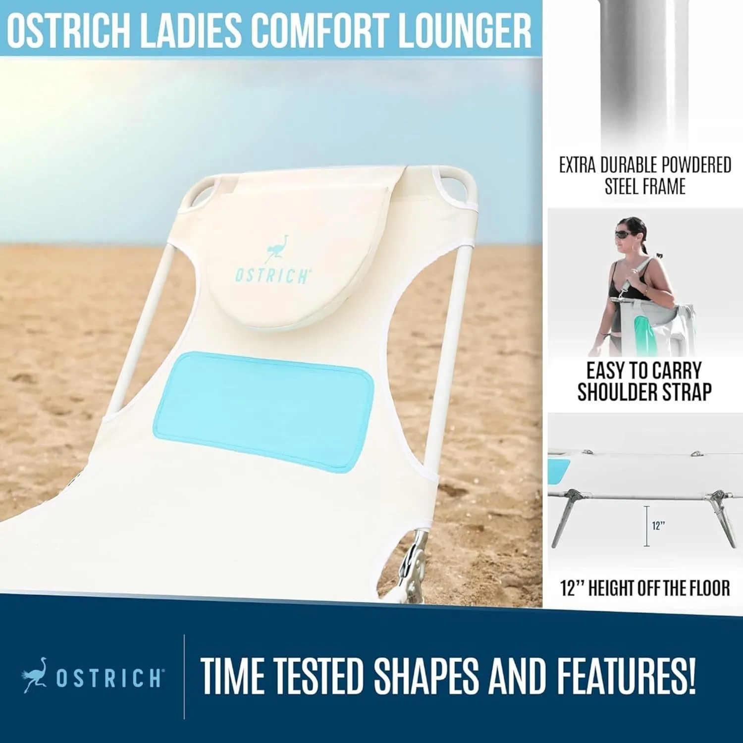 Ostrich Outdoor Lightweight Folding Adjustable Reclining Ladies Mens Comfort Chaise Lounge Beach Chair for Tanning Pool Lake Patio Lawn Camping, White