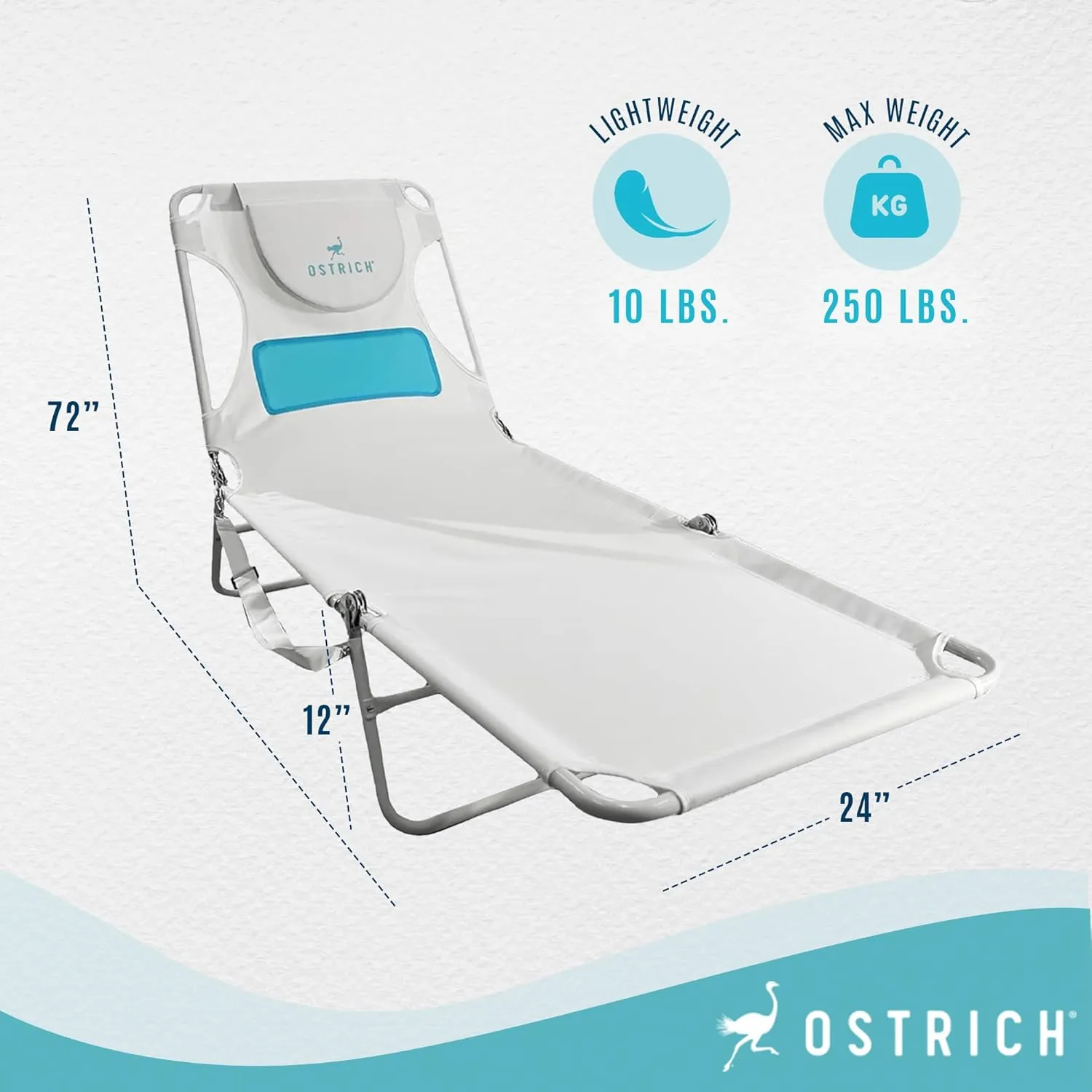 Ostrich Outdoor Lightweight Folding Adjustable Reclining Ladies Mens Comfort Chaise Lounge Beach Chair for Tanning Pool Lake Patio Lawn Camping, White