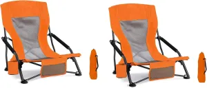 Outdoor Beach Chair for Adults Set of 2 PCS Portable Lightweight Low Back Sling Chair with Cup Holder, 300lbs Capacity Camping Chair for Patio, Lawn, Concert, Travel (Orange)