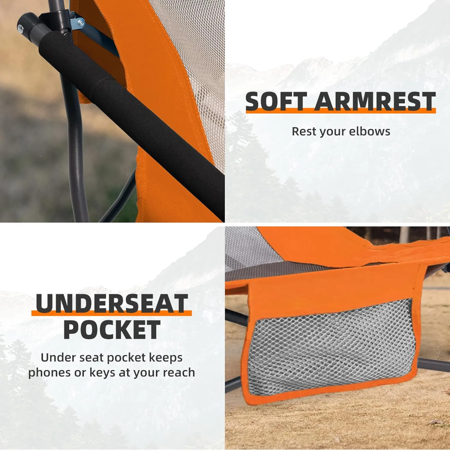 Outdoor Beach Chair for Adults Set of 2 PCS Portable Lightweight Low Back Sling Chair with Cup Holder, 300lbs Capacity Camping Chair for Patio, Lawn, Concert, Travel (Orange)