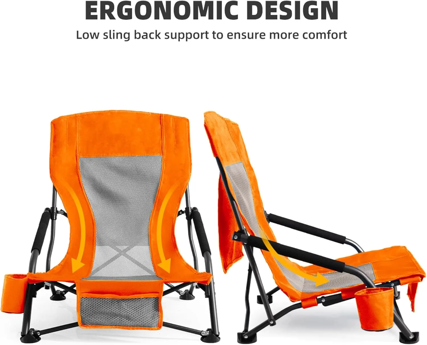 Outdoor Beach Chair for Adults Set of 2 PCS Portable Lightweight Low Back Sling Chair with Cup Holder, 300lbs Capacity Camping Chair for Patio, Lawn, Concert, Travel (Orange)