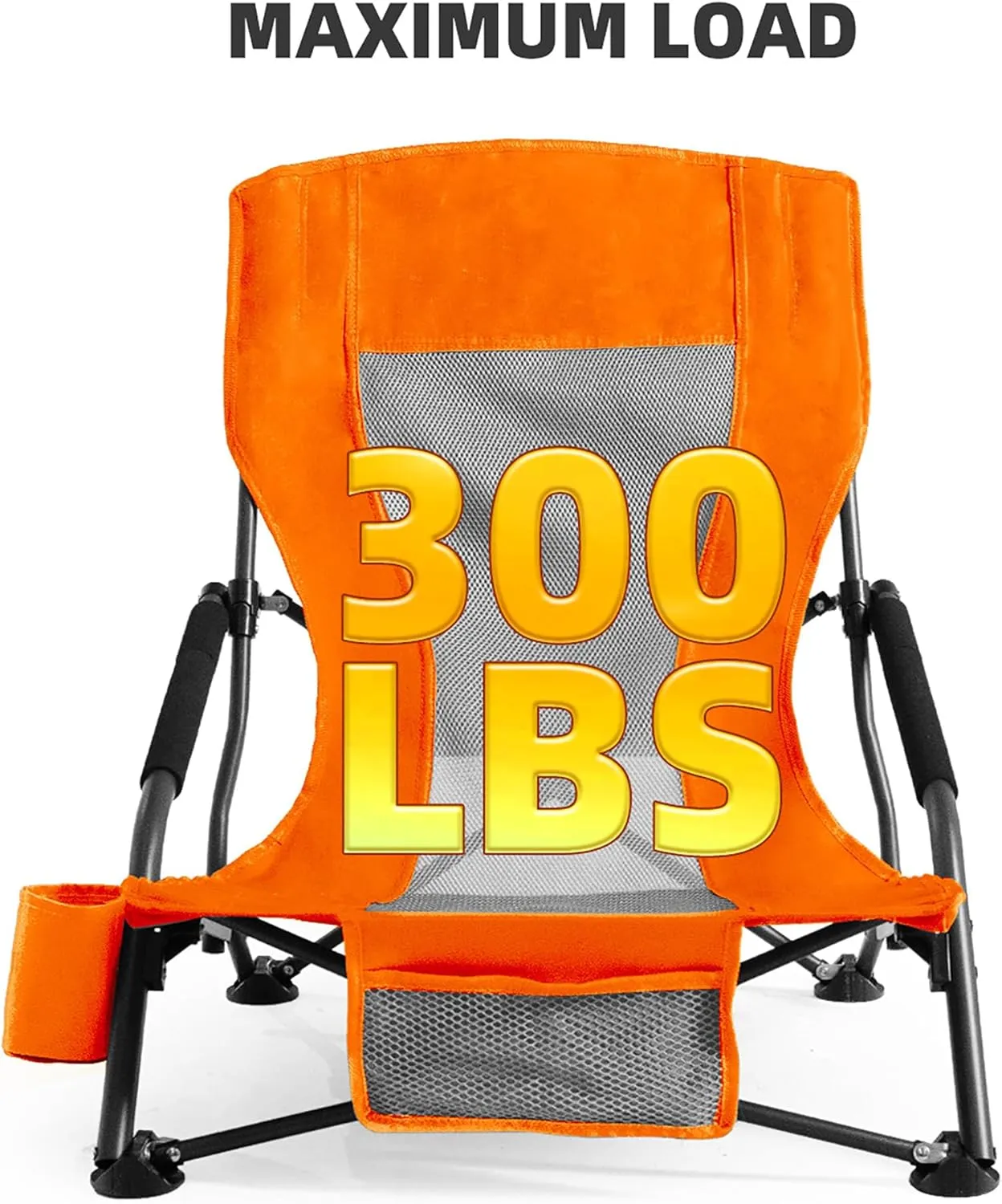 Outdoor Beach Chair for Adults Set of 2 PCS Portable Lightweight Low Back Sling Chair with Cup Holder, 300lbs Capacity Camping Chair for Patio, Lawn, Concert, Travel (Orange)