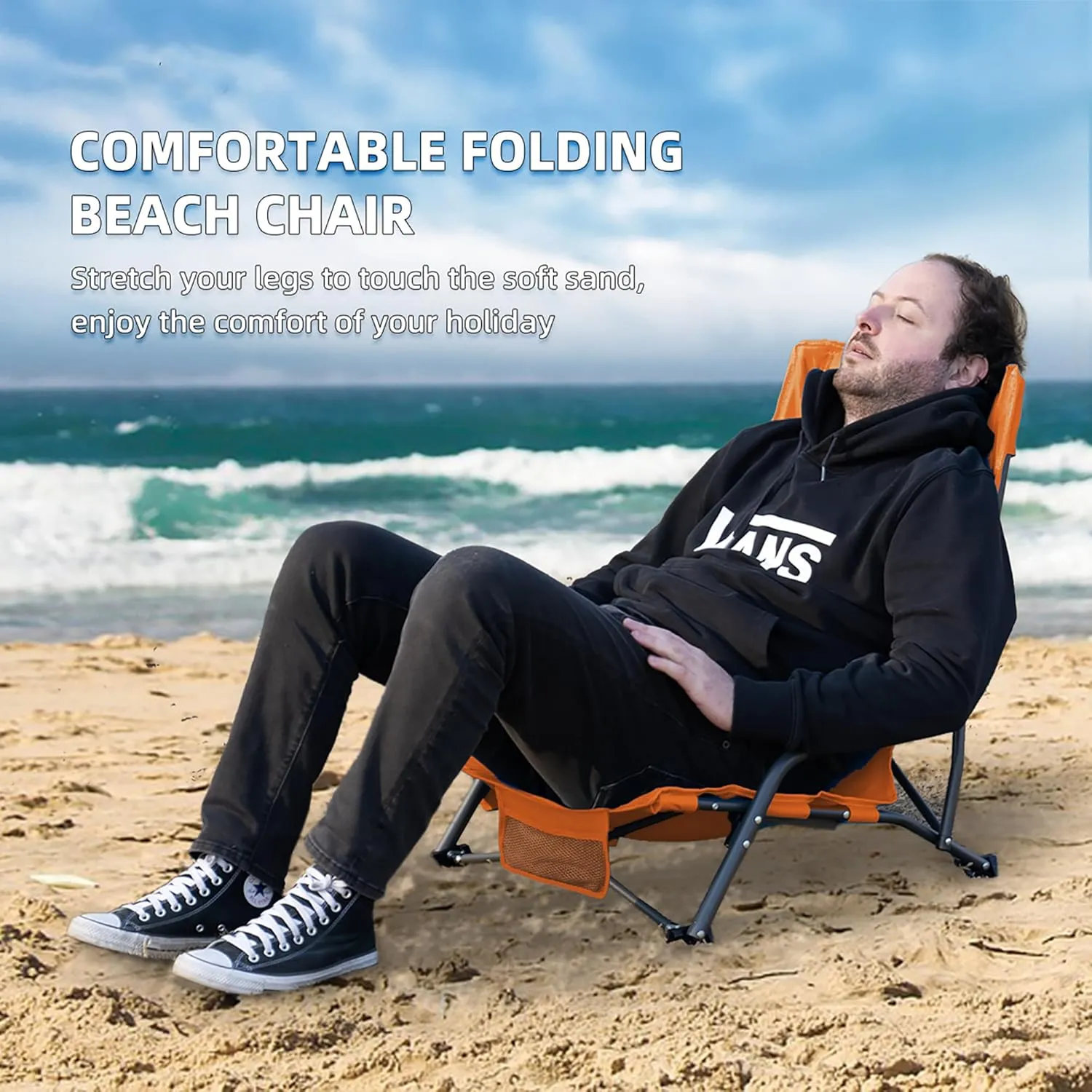 Outdoor Beach Chair for Adults Set of 2 PCS Portable Lightweight Low Back Sling Chair with Cup Holder, 300lbs Capacity Camping Chair for Patio, Lawn, Concert, Travel (Orange)
