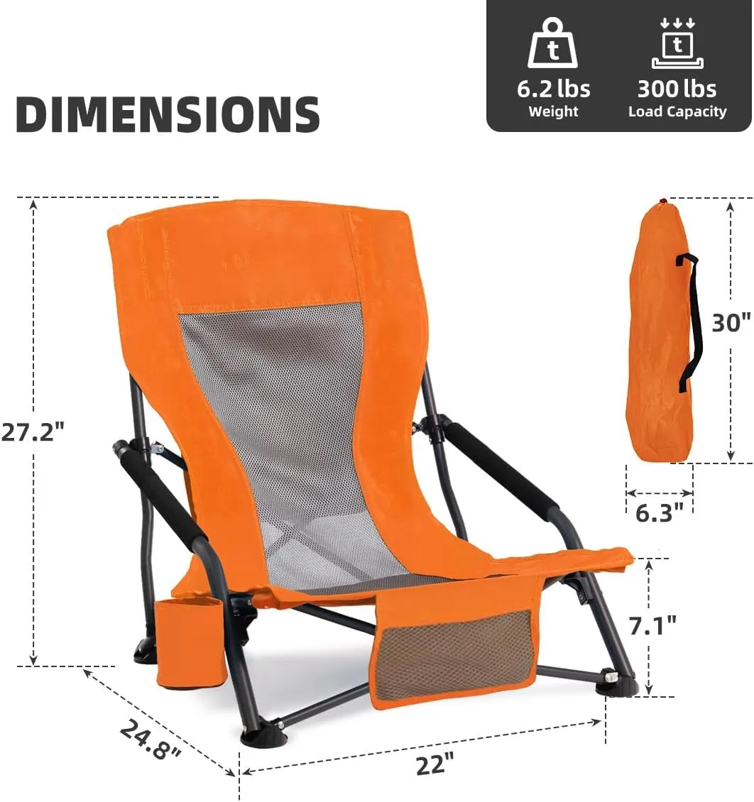 Outdoor Beach Chair for Adults Set of 2 PCS Portable Lightweight Low Back Sling Chair with Cup Holder, 300lbs Capacity Camping Chair for Patio, Lawn, Concert, Travel (Orange)