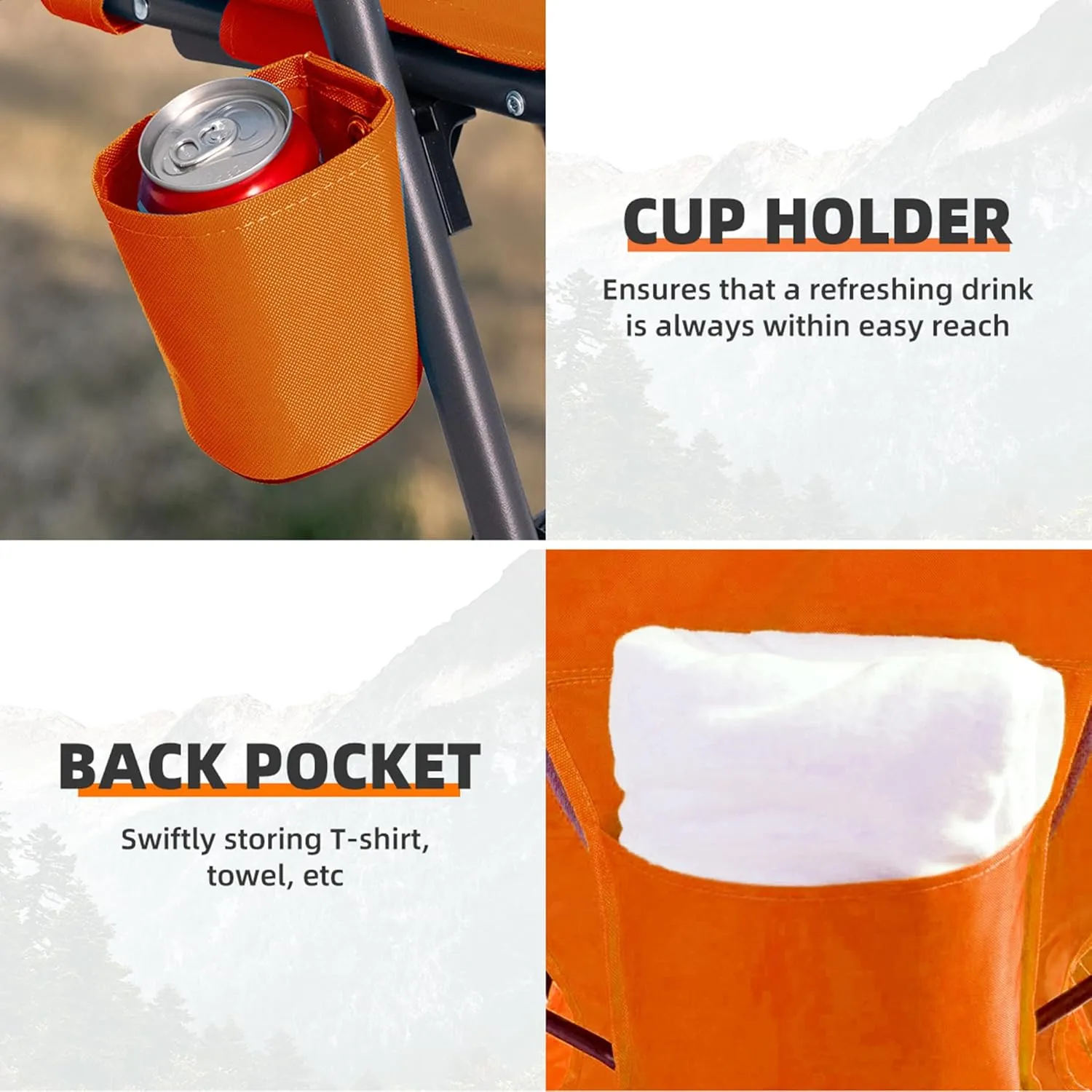 Outdoor Beach Chair for Adults Set of 2 PCS Portable Lightweight Low Back Sling Chair with Cup Holder, 300lbs Capacity Camping Chair for Patio, Lawn, Concert, Travel (Orange)