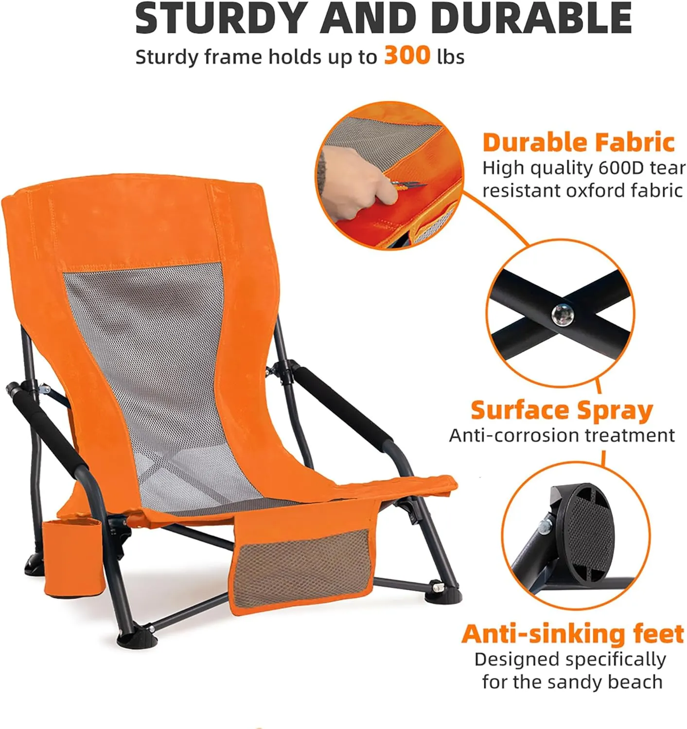 Outdoor Beach Chair for Adults Set of 2 PCS Portable Lightweight Low Back Sling Chair with Cup Holder, 300lbs Capacity Camping Chair for Patio, Lawn, Concert, Travel (Orange)