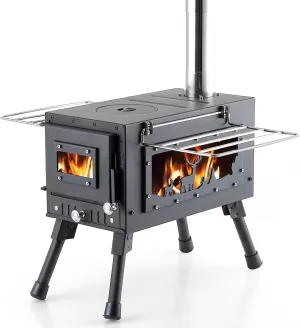 Outdoor Camping Stove, Portable Wood Burning Stove with Chimney Pipe for Tent, Shelter, Heating and Cooking
