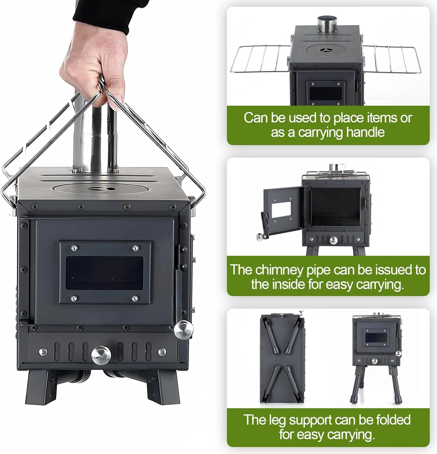Outdoor Camping Stove, Portable Wood Burning Stove with Chimney Pipe for Tent, Shelter, Heating and Cooking