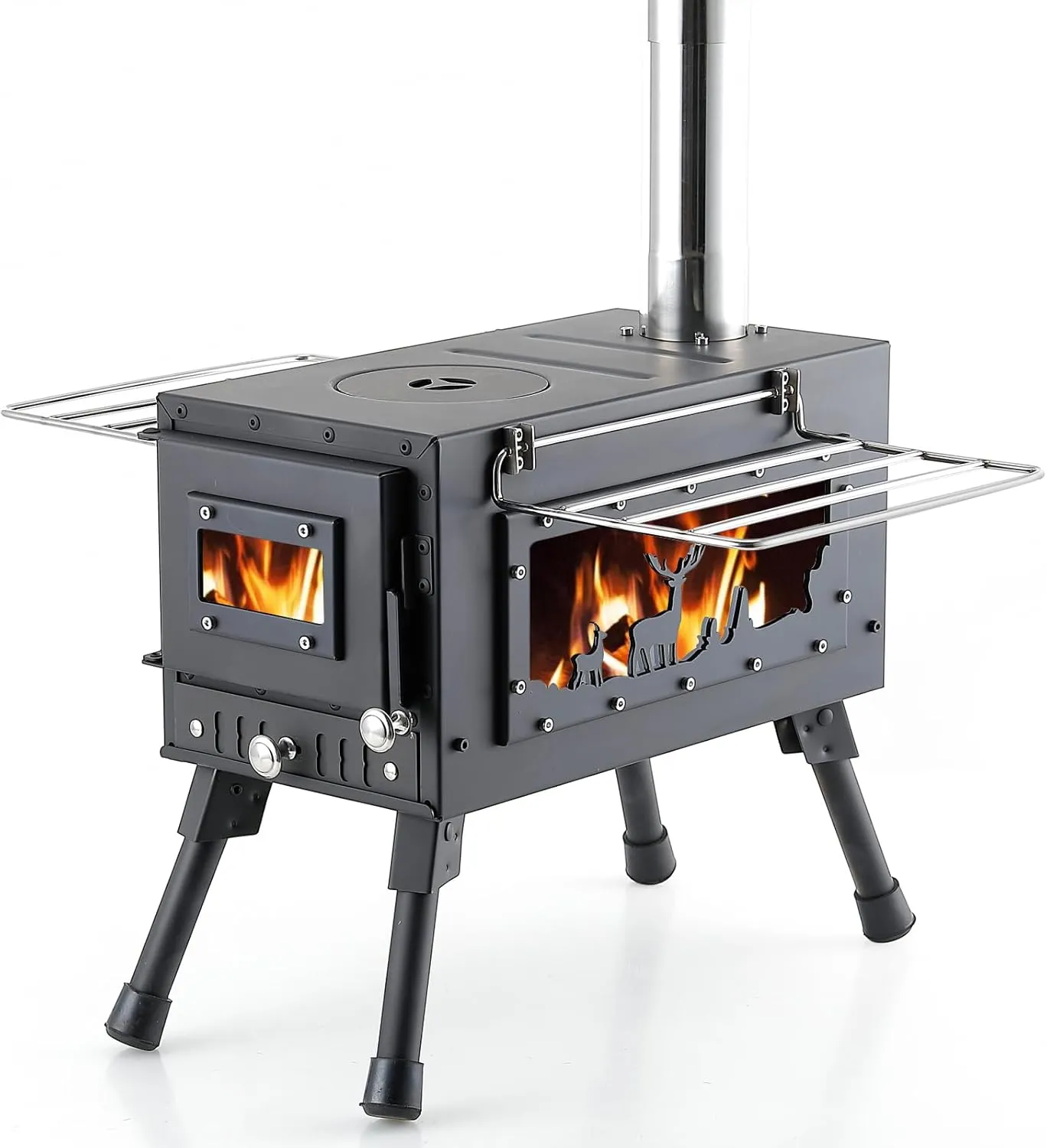 Outdoor Camping Stove, Portable Wood Burning Stove with Chimney Pipe for Tent, Shelter, Heating and Cooking