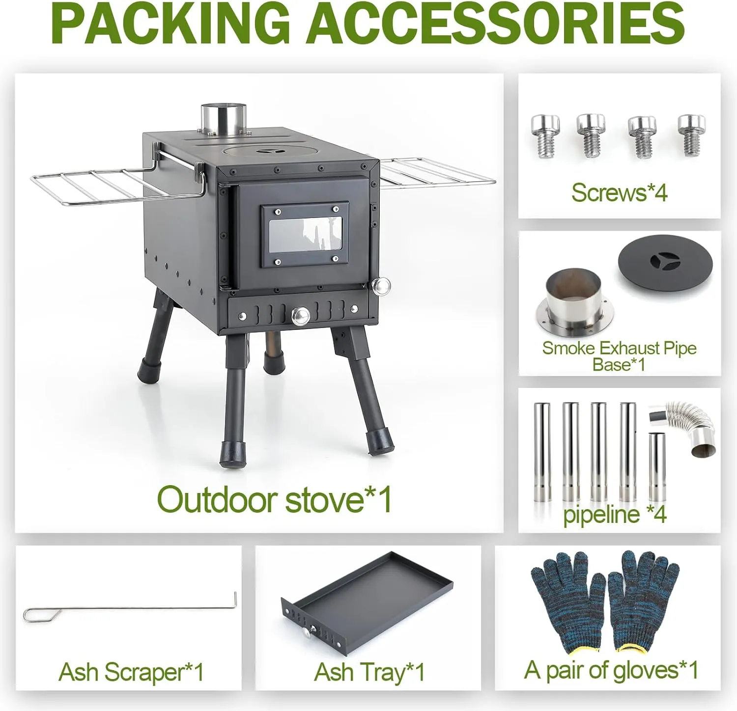 Outdoor Camping Stove, Portable Wood Burning Stove with Chimney Pipe for Tent, Shelter, Heating and Cooking