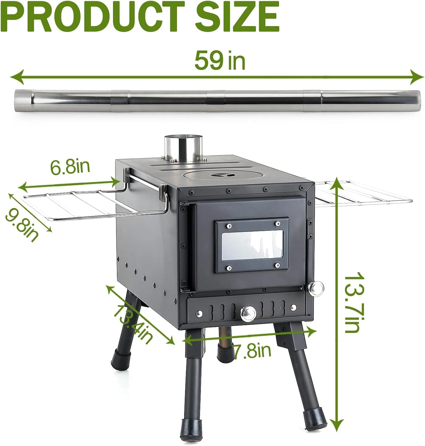 Outdoor Camping Stove, Portable Wood Burning Stove with Chimney Pipe for Tent, Shelter, Heating and Cooking