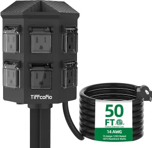 Outdoor Power Strip Weatherproof, 50 FT Extension Cord with Power Stake, 6 Grounded Outlets for Outdoor Lights, 15A/1875W, ETL Listed