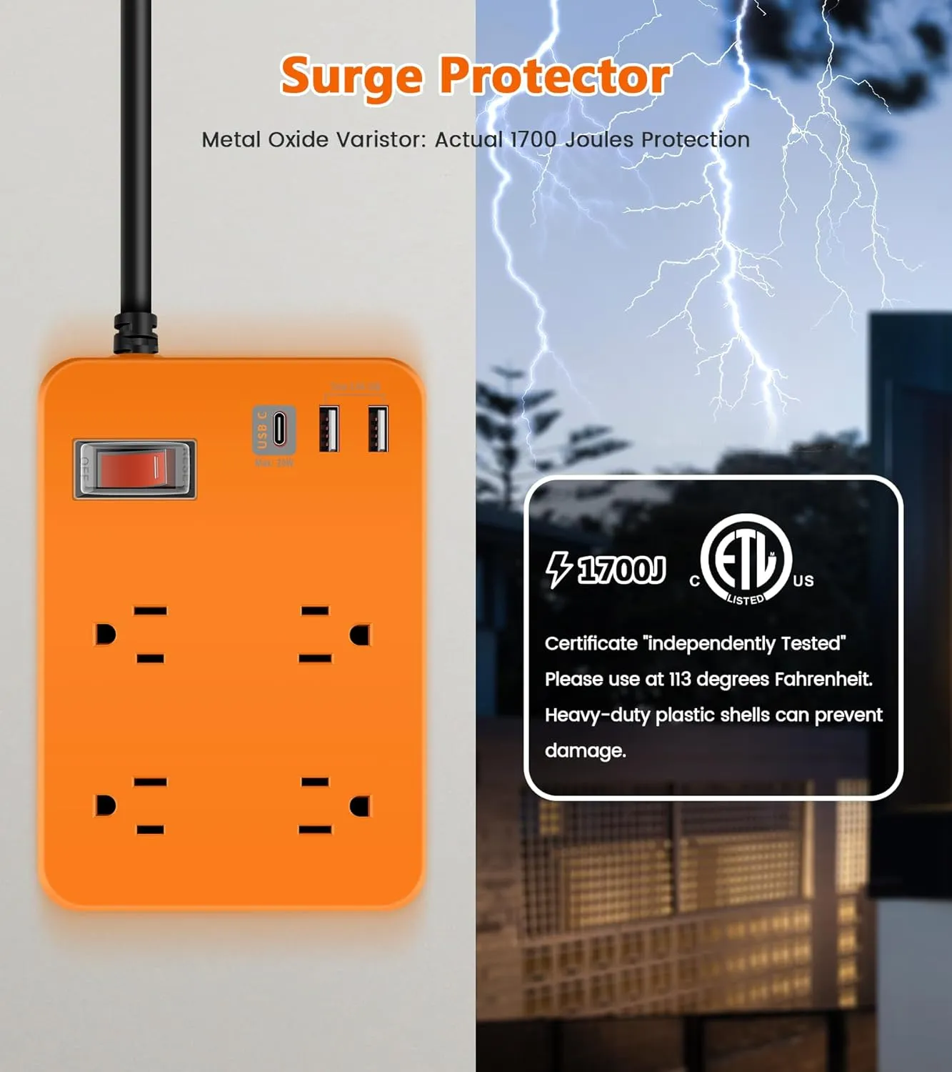 Outdoor Power Strip Weatherproof,Fast Charging Station 20W USB C,Waterproof Surge Protector 4 Outlets, Multi Outlet Extension for Camping, Garden, Kitchen,Bathroom,Flat Plug (Orange, 10 FT Cable)