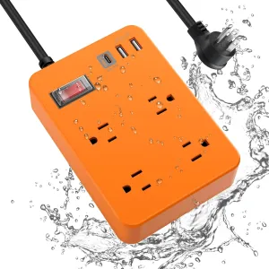Outdoor Power Strip Weatherproof,Fast Charging Station 20W USB C,Waterproof Surge Protector 4 Outlets, Multi Outlet Extension for Camping, Garden, Kitchen,Bathroom,Flat Plug (Orange, 10 FT Cable)