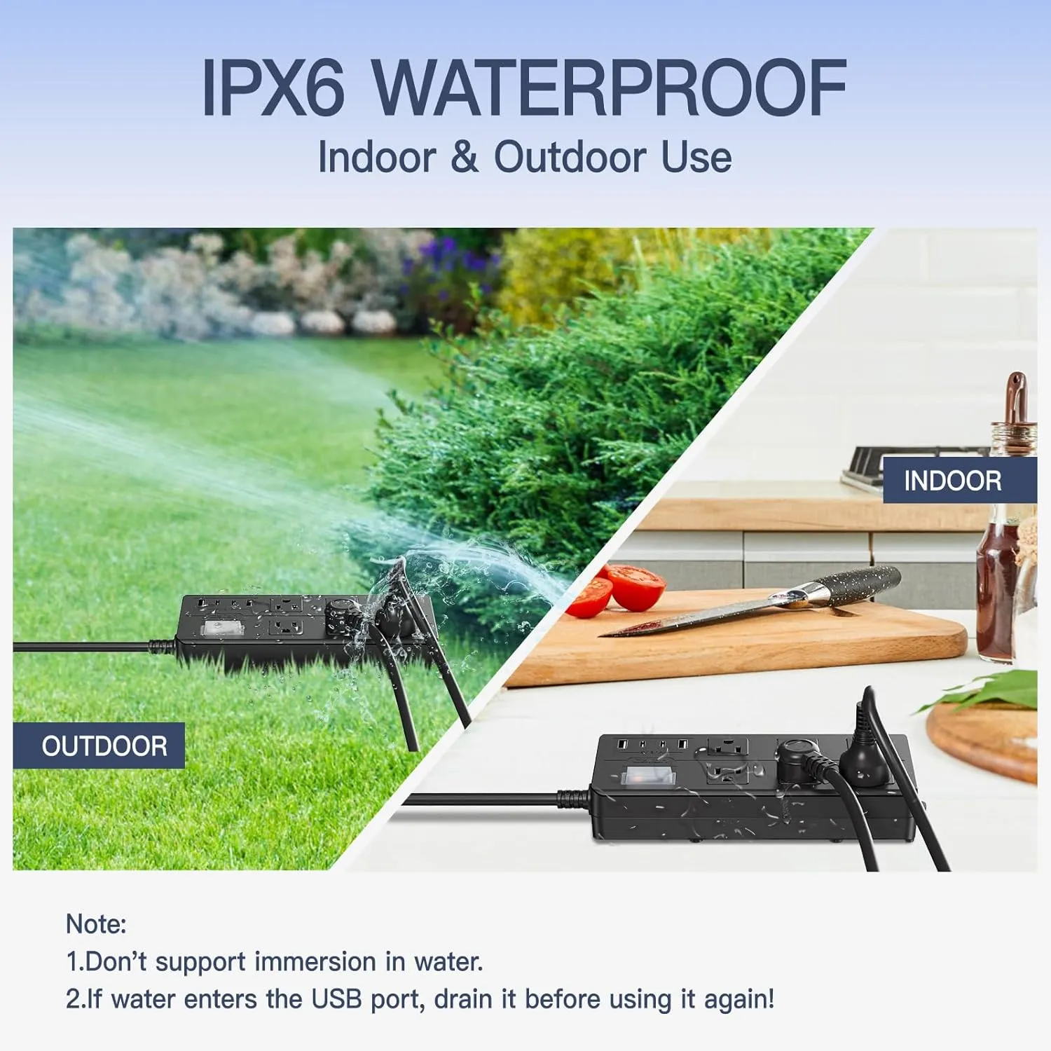 Outdoor Power Strip Weatherproof,Patio Waterproof Surge Protector with 4 USB Ports and 6 Outlets, 10 FT Extension Cord with Flat Plug,Shockproof Overload Protection,Mountable for Home Office Porch