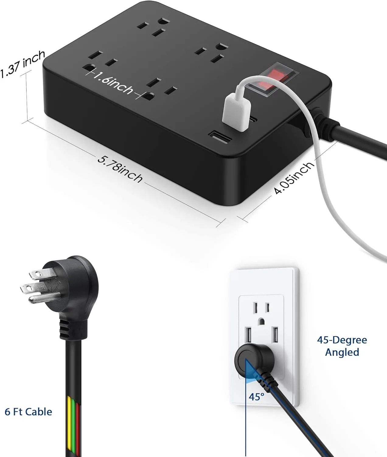 Outdoor Power Strip Weatherproof,Waterproof Surge Protector with 4 Outlets,3 USB,Shockproof Overload Protection, Multi Outlet Extension for Camping, Garden, Kitchen, Bathroom, 6ft Cord,with Flat Plug
