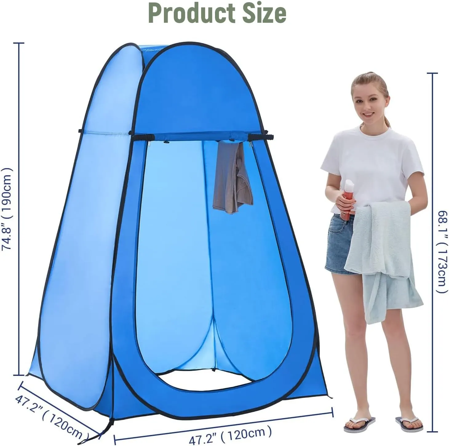 Outdoor Shower 4-Piece Set Portable Shower Tent with LED Light, Portable Shower Pan and Shower Bag, Pop up Shower Tent Quick Opening and Storage Suitable for RV Camping and Travel (Blue)
