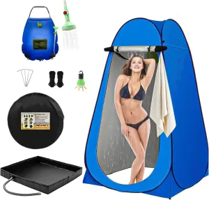 Outdoor Shower 4-Piece Set Portable Shower Tent with LED Light, Portable Shower Pan and Shower Bag, Pop up Shower Tent Quick Opening and Storage Suitable for RV Camping and Travel (Blue)