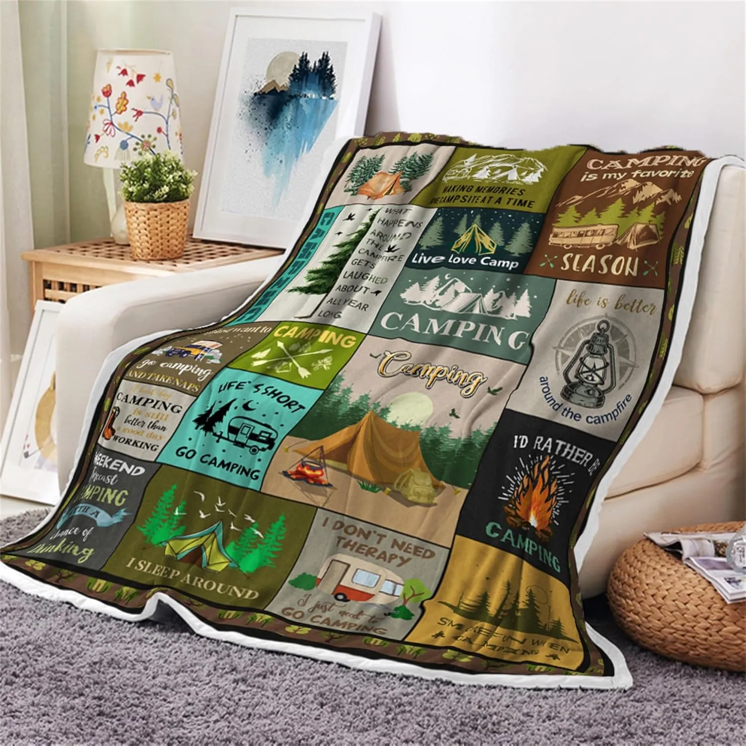 Outdoor Throw Blanket,Camping Blanket for Women Men Kids Adults, RV Blankets Gift for Camping Lovers, Super Cozy Blankets Fuzzy Plush Lightweight Throw Blankets for Sofa, Bed, Couch or Bed