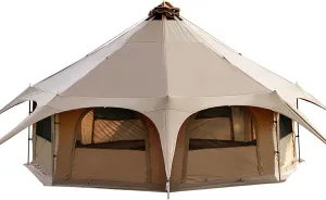Outdoor Waterproof Cotton Canvas Tent, 4 Season Family Camping Bell Tent 8-10 Person with Stove Jacks for Glamping and Festivals and Human Shelter for Inhabiting or Leisure, Brown