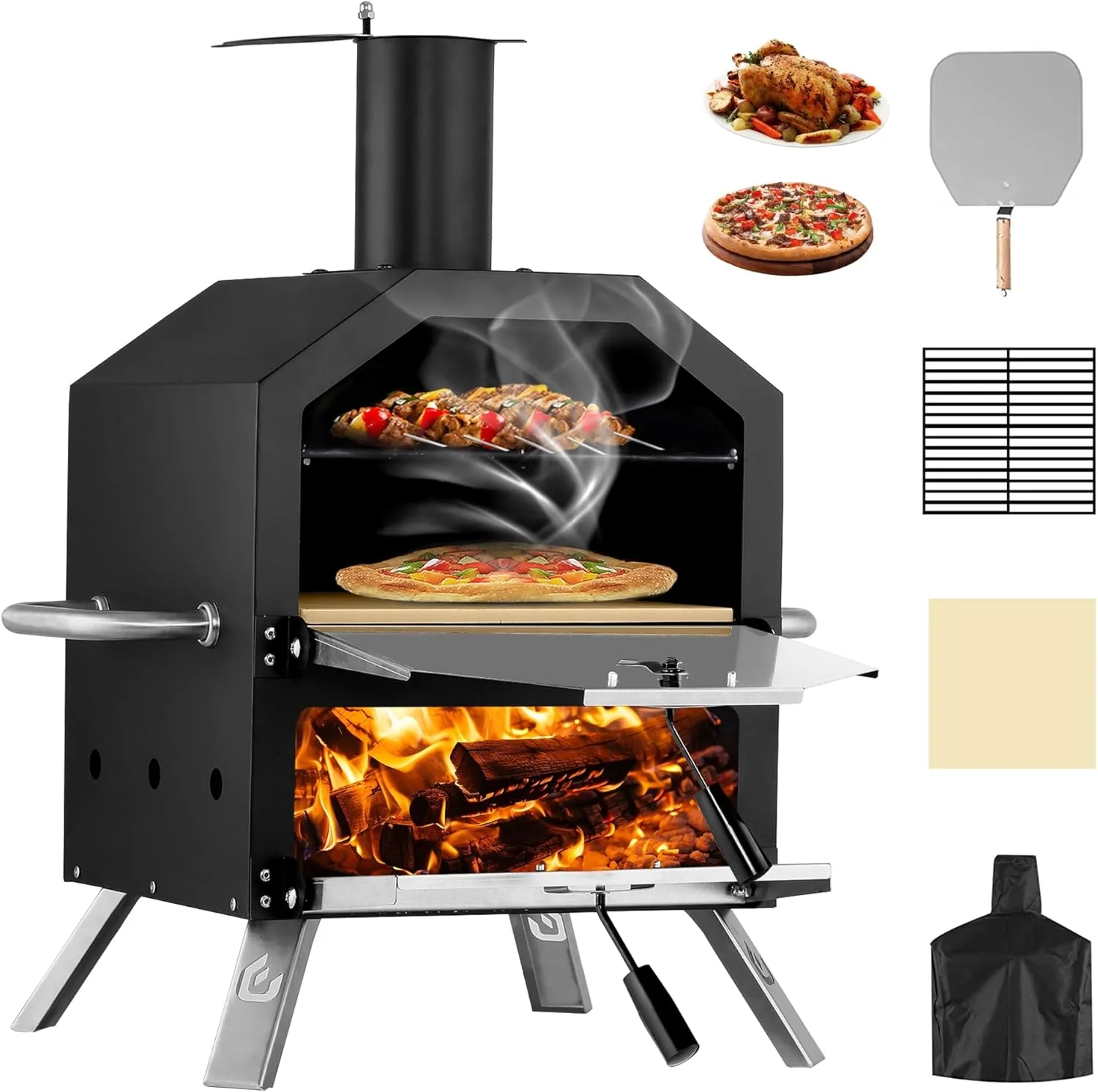 Outdoor Wood Fired Pizza Maker 2-Layer with Pizza Stone, Peel & Rack - Waterproof Cover & Folding Legs for Camping, BBQ & Gifts (26 Inch)