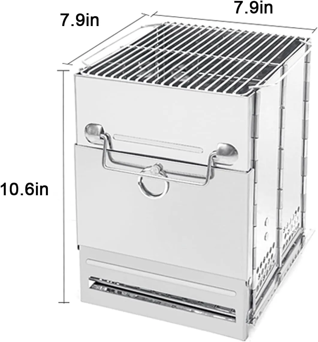 Outdoor wood stove, portable folding camping wood stove, barbecue grill stove, 7.9inx7.9inx10.6in, Silver, 1261354