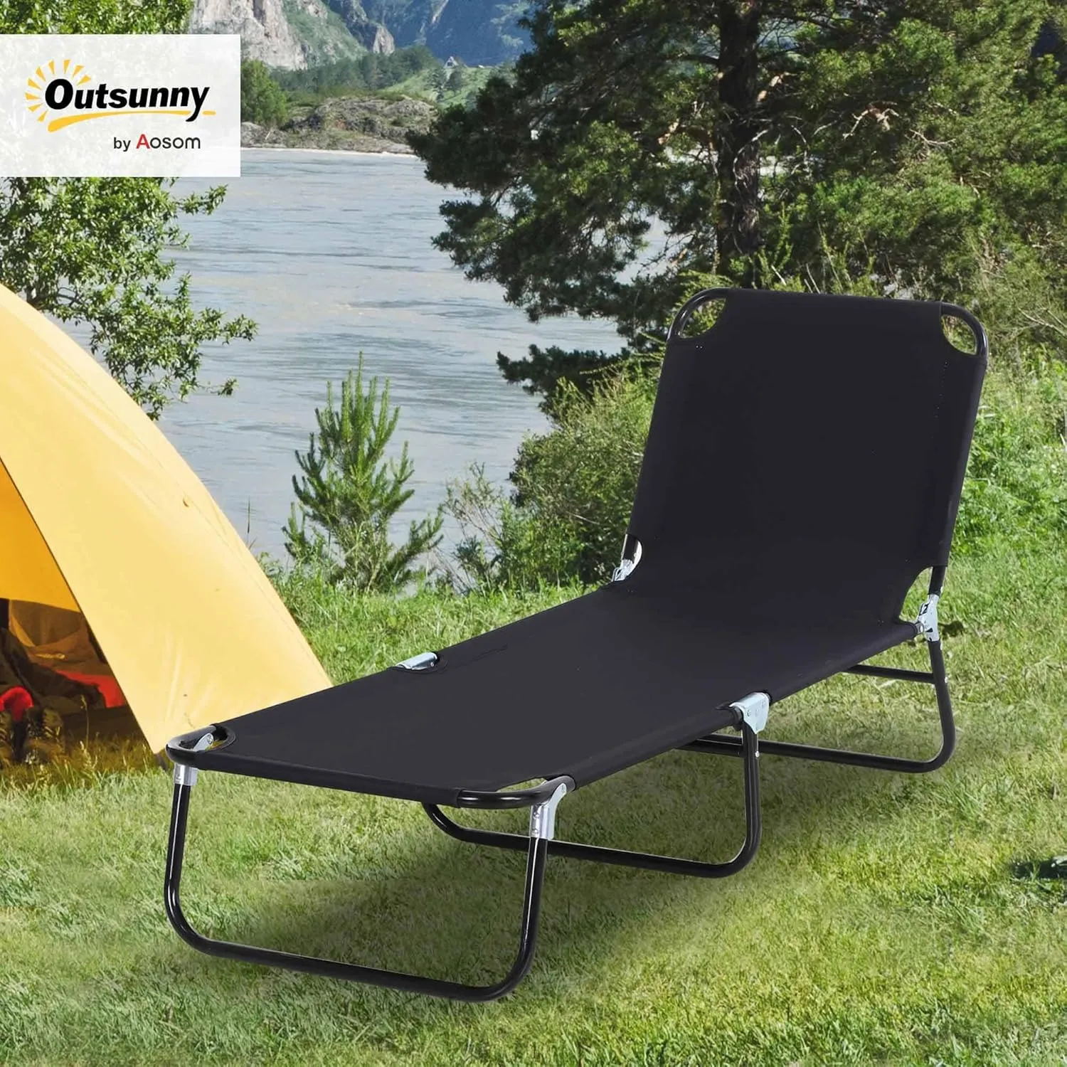 Outsunny Folding Chaise Lounge Pool Chairs, Outdoor Sun Tanning Chairs with 5-Level Reclining Back, Steel Frame for Beach, Yard, Patio, Black