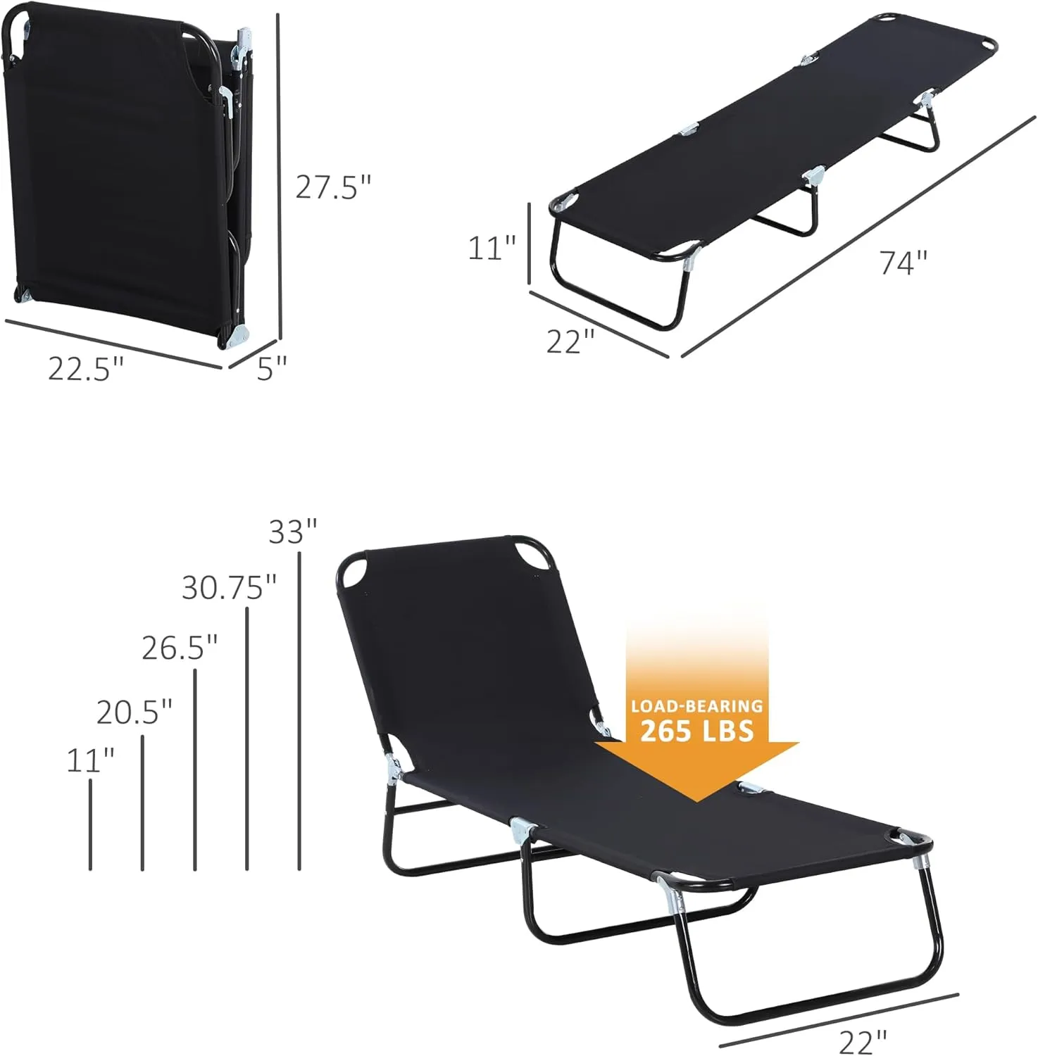 Outsunny Folding Chaise Lounge Pool Chairs, Outdoor Sun Tanning Chairs with 5-Level Reclining Back, Steel Frame for Beach, Yard, Patio, Black