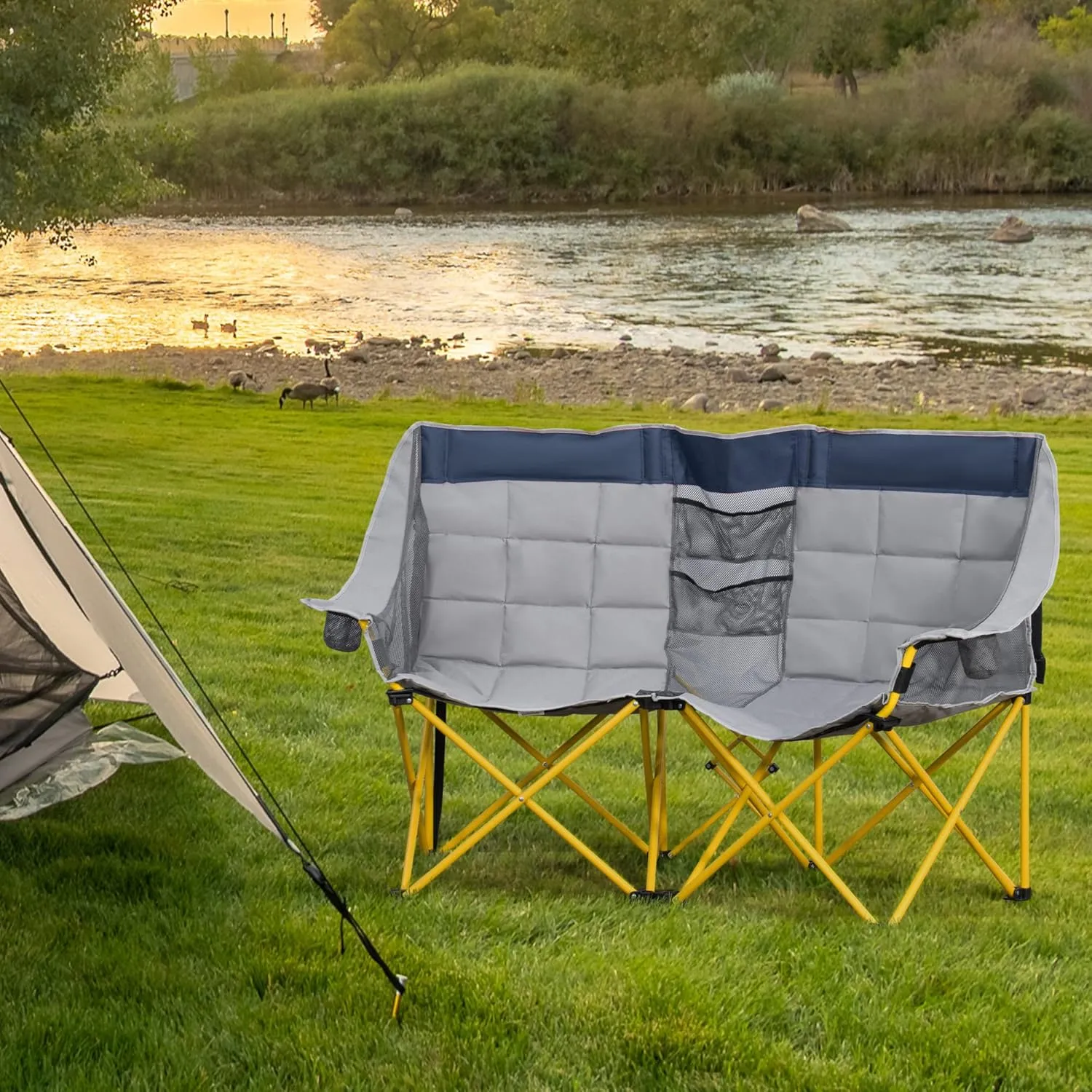 Outsunny Loveseat Style Camping Chair, Oversized Folding Lawn Chair with Carry Bag & Cup Holders, for Outdoor, Beach, Picnic, Hiking, Travel, Navy Blue & Gray