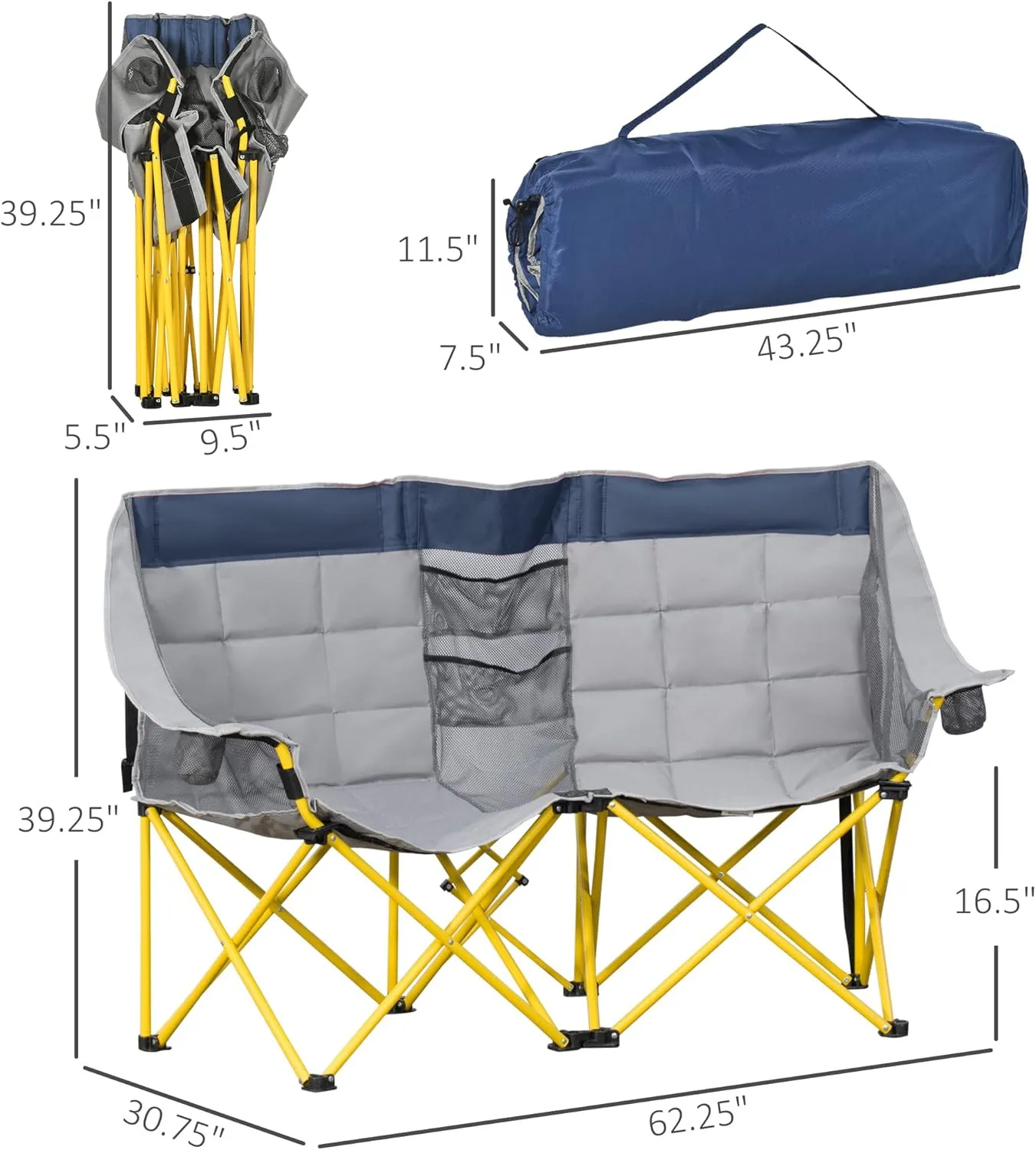 Outsunny Loveseat Style Camping Chair, Oversized Folding Lawn Chair with Carry Bag & Cup Holders, for Outdoor, Beach, Picnic, Hiking, Travel, Navy Blue & Gray